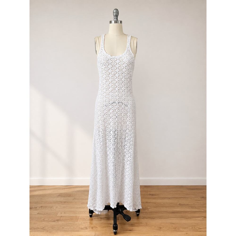 Free People Beach White Crochet Maxi Dress Racerback Cotton Boho M - Picture 5 of 10